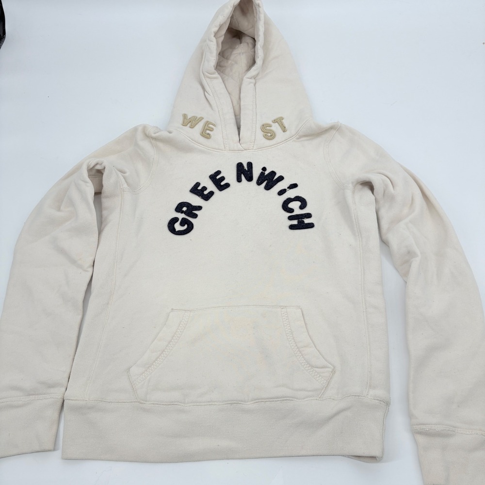 Ruehl Unisex L Cream‎ Navy Hoodie Sweatshirt West Greenwich Graphic Pullover Y2K